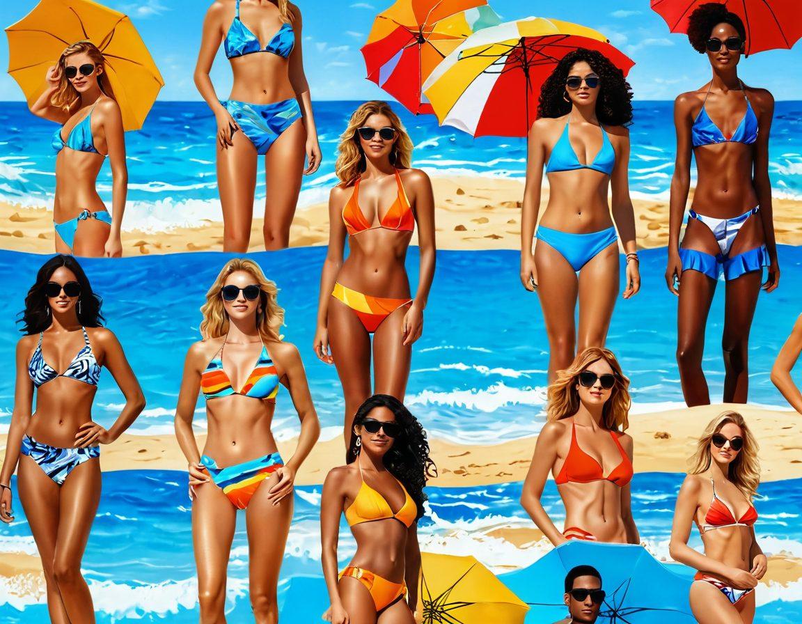 A stunning beach scene showcasing diverse models wearing trendy swimwear with vibrant colors and unique patterns, enjoying the sun and waves. Include beach towels, umbrellas, and stylish sunglasses for added flair. The background features a clear blue sky and golden sand, inviting a sense of summer fun. super-realistic. vibrant colors. bright background.