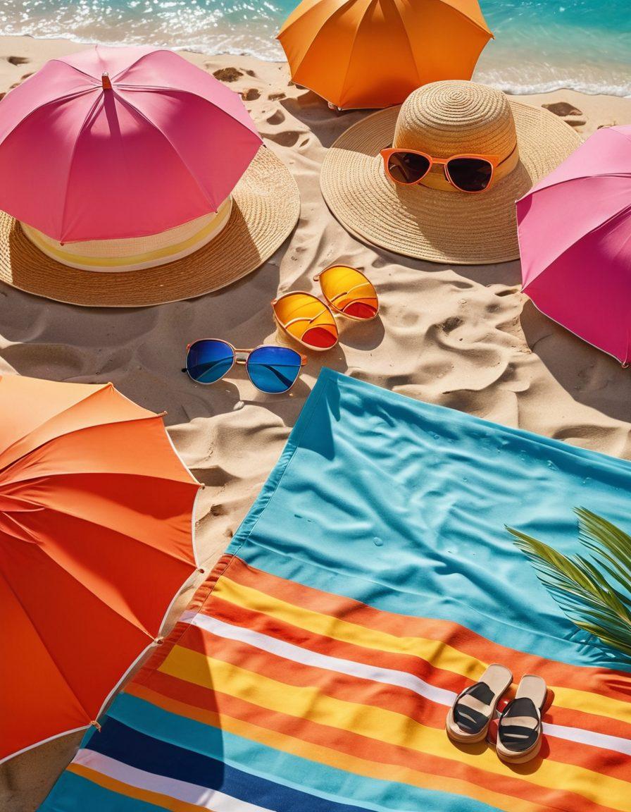 A vibrant beach scene showcasing a diverse group of fashionable individuals in stylish swimwear, lounging on colorful beach towels under umbrellas. Brightly colored beach accessories like sunglasses, hats, and flip-flops are scattered around, along with beach balls and surfboards. The background features crystal-clear ocean waves and a sunny blue sky, inviting the viewer into a perfect summer day. The overall atmosphere should radiate fun, relaxation, and fashion. super-realistic. vibrant colors. sunny background.
